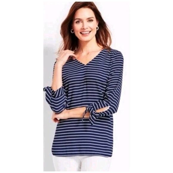 Talbots Tops - Talbots Blue White Striped 3/4 Sleeve Nautical Sailor V-Neck Blouse Size Small P